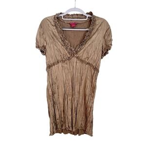 Sunny Leigh‎ Bronze Crinkle Ruffle V-Neck Empire Waist Top Blouse Womens Size M